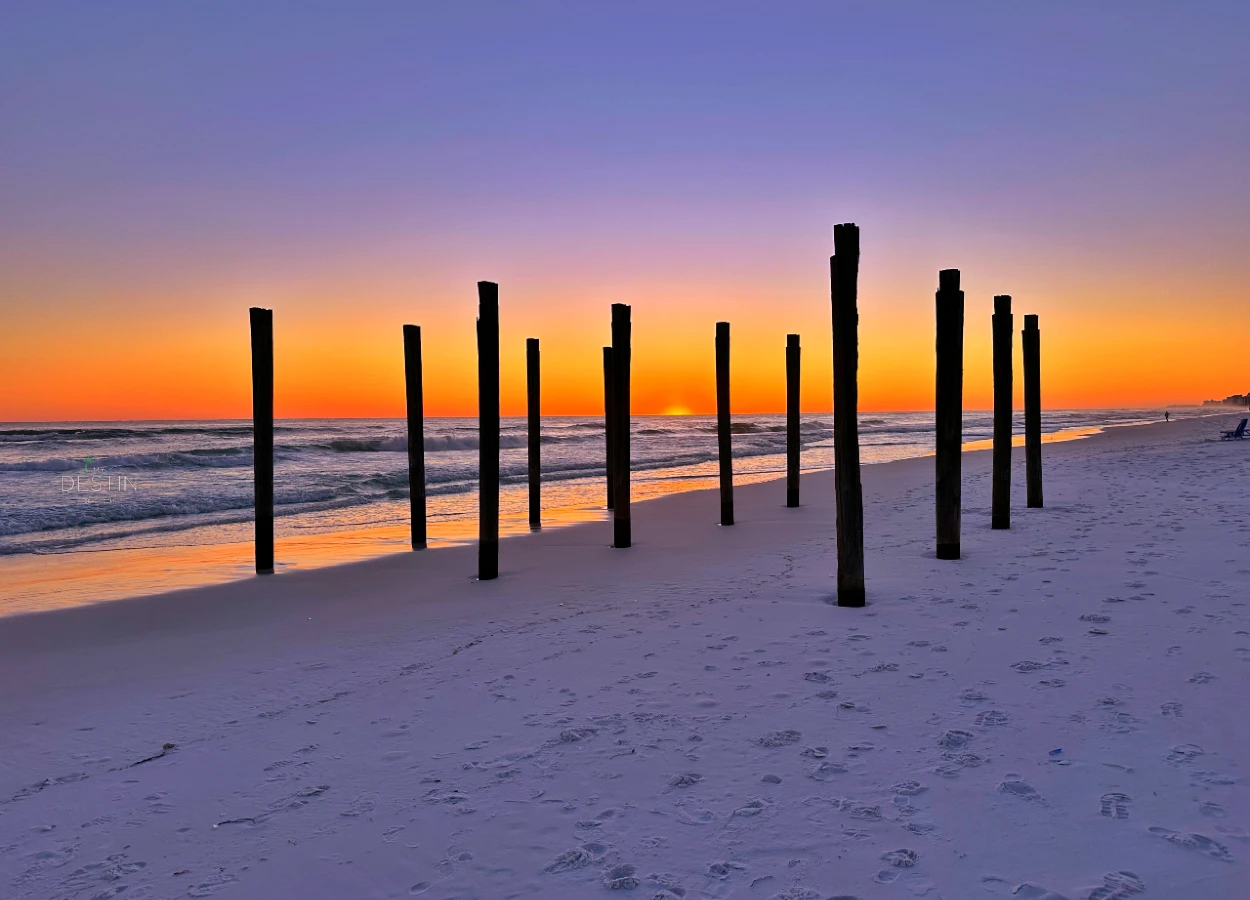 Crystal Beach pier pilers at sunset in Destin